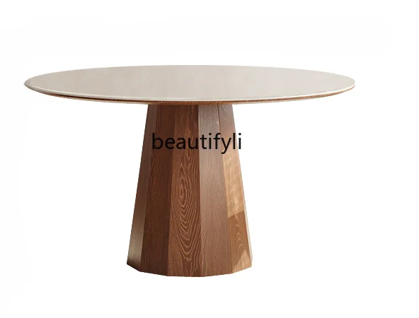 

Retro Solid Wood round Table Nordic Modern Simple Home Matte Stone Plate Dining Table with Turntable