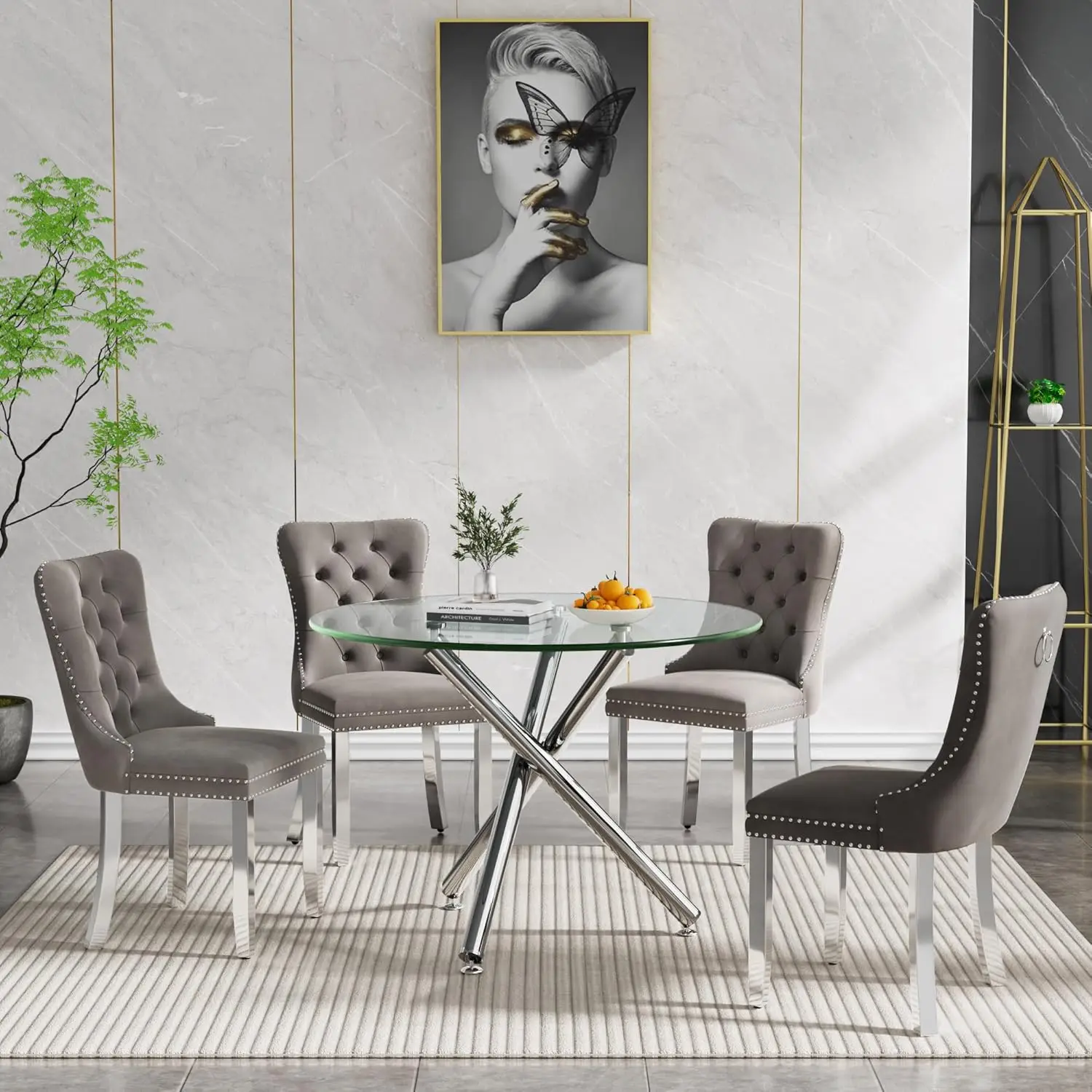 36"" Modern Silver Glass Dining Room Table Set For 4, 5-Piece Round Kitchen Dining Table Set With Cross Metal Legs And 4 Grey