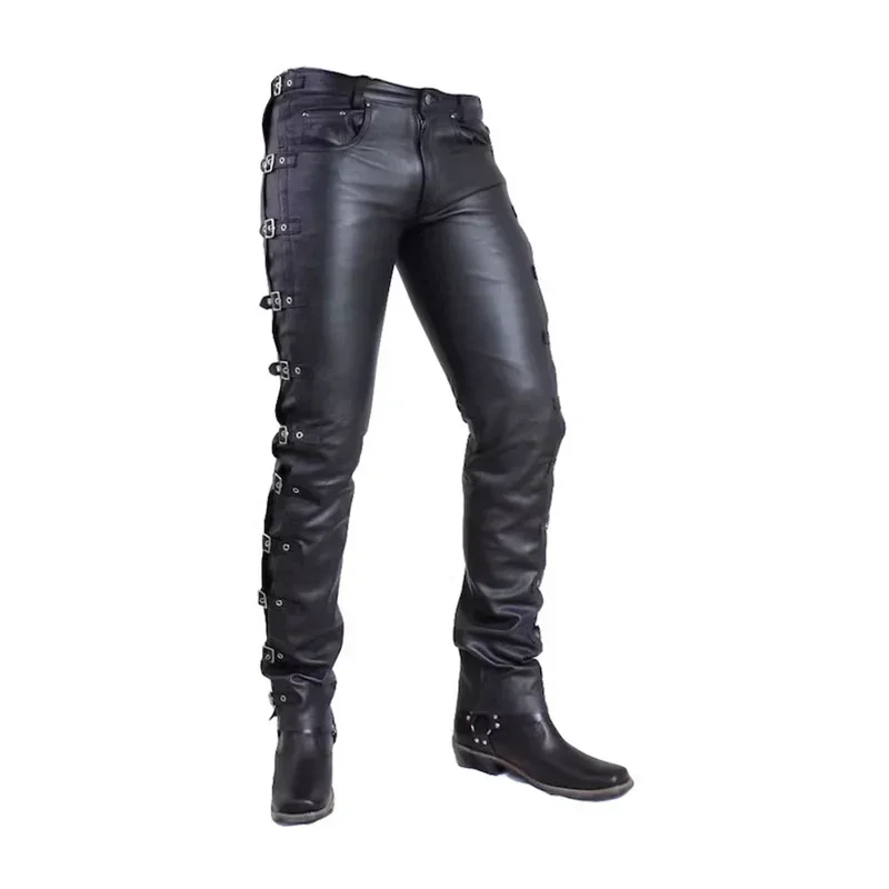 Men's Matte PU Trousers Side Multi Buckle Black Stretch Motorcycle Faux Leather Pants with Pocket Male Bodycon Pants Custom New