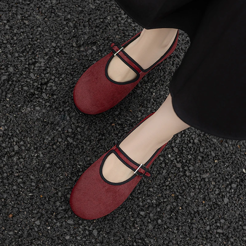 Woman Horsehair Ballet One-Strap Flats Girls Mary Jane Sexy Flats Spring Simple Shoes Round Toe Genuine Leather Soft Shoes