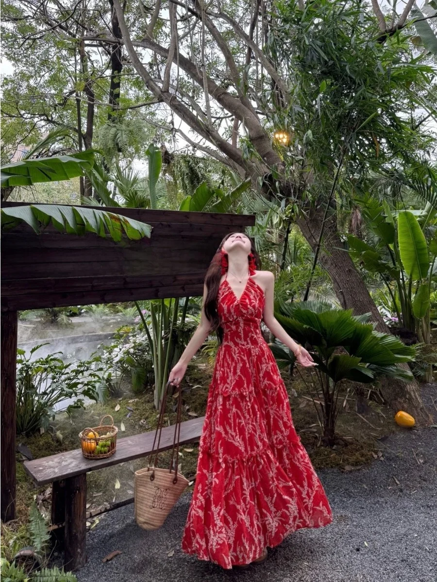 

plus Size Red Floral Print Halter Neck Summer New Style Slimming Knee-Length Dress Korean Style High Waist A-Line Long Dress