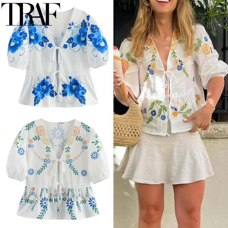 TRAF Print Flower Crop Top Women Bowknot Cut Out Blouse Woman Short Puff Sleeve Ruffle Top Female Cropped Elegant Summer Tops