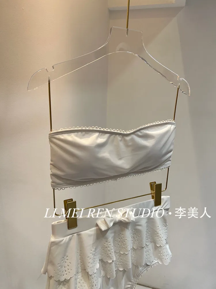 New Simple lace white strapless high waisted skirt style split swimsuit women's suit