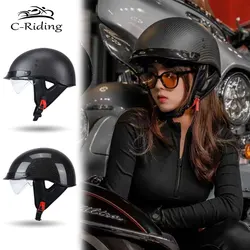 Carbon Fiber Motorcycle Helmet Headbone Cruiser Lightweight Vintage Retro Moto Motocross Motorbike Half Helmets with Sun Visor