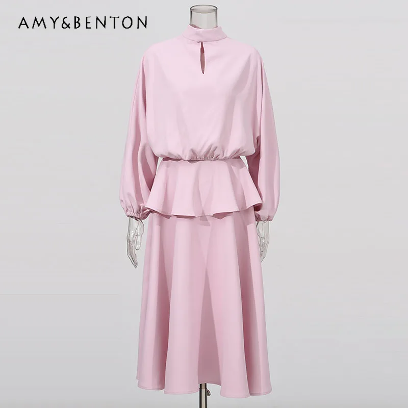 

2026 Summer New Loose Hollow Out High Neck Women's Long Sleeve Top Pink Lotus Leaf Edge Skirts Fashion Two-piece Sets Ladies