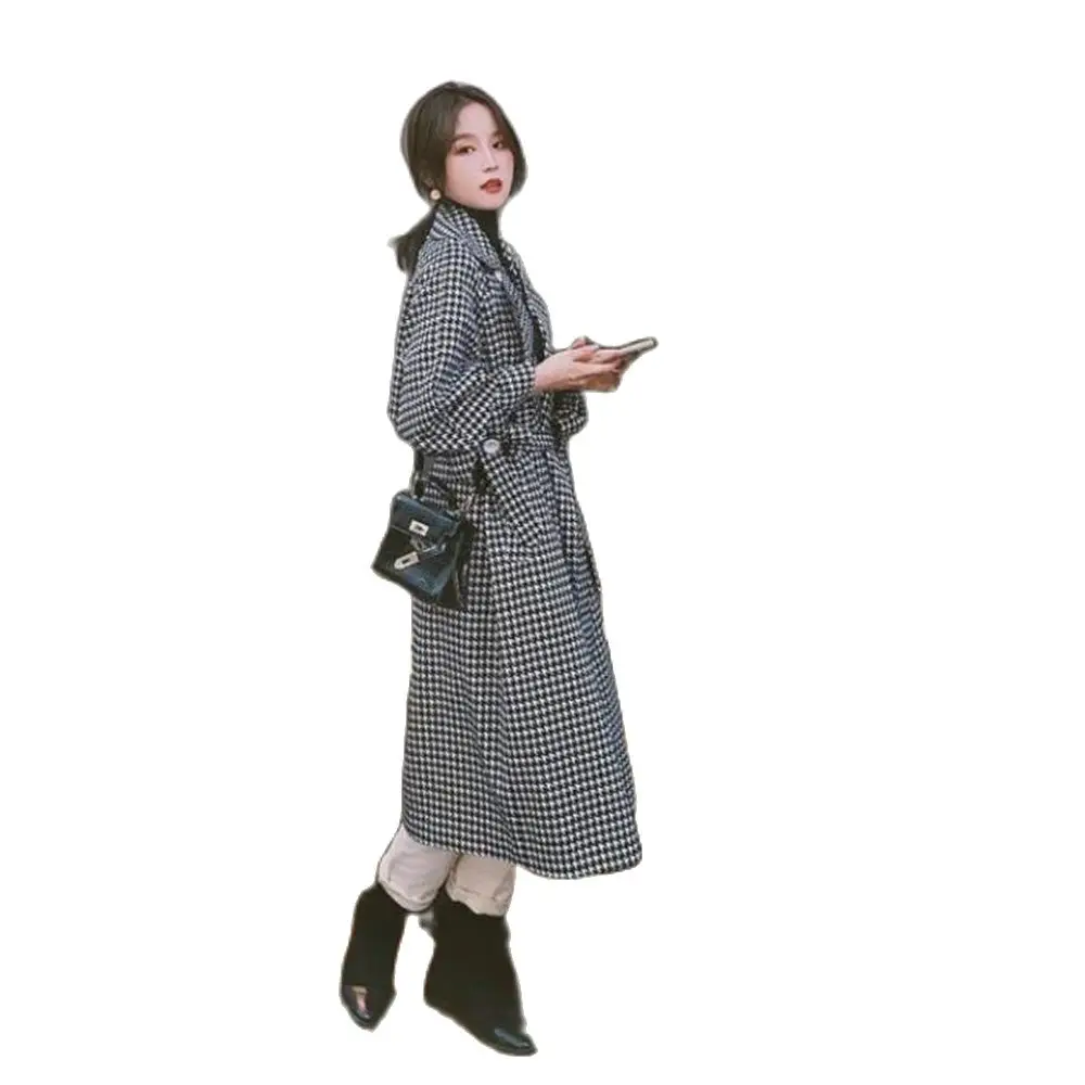 Autumn Winter Houndstooth Outerwear Long Loose Plaid Woolen Coat Women Double Breasted Stylish Chic Luxury Designer Clothes 2024