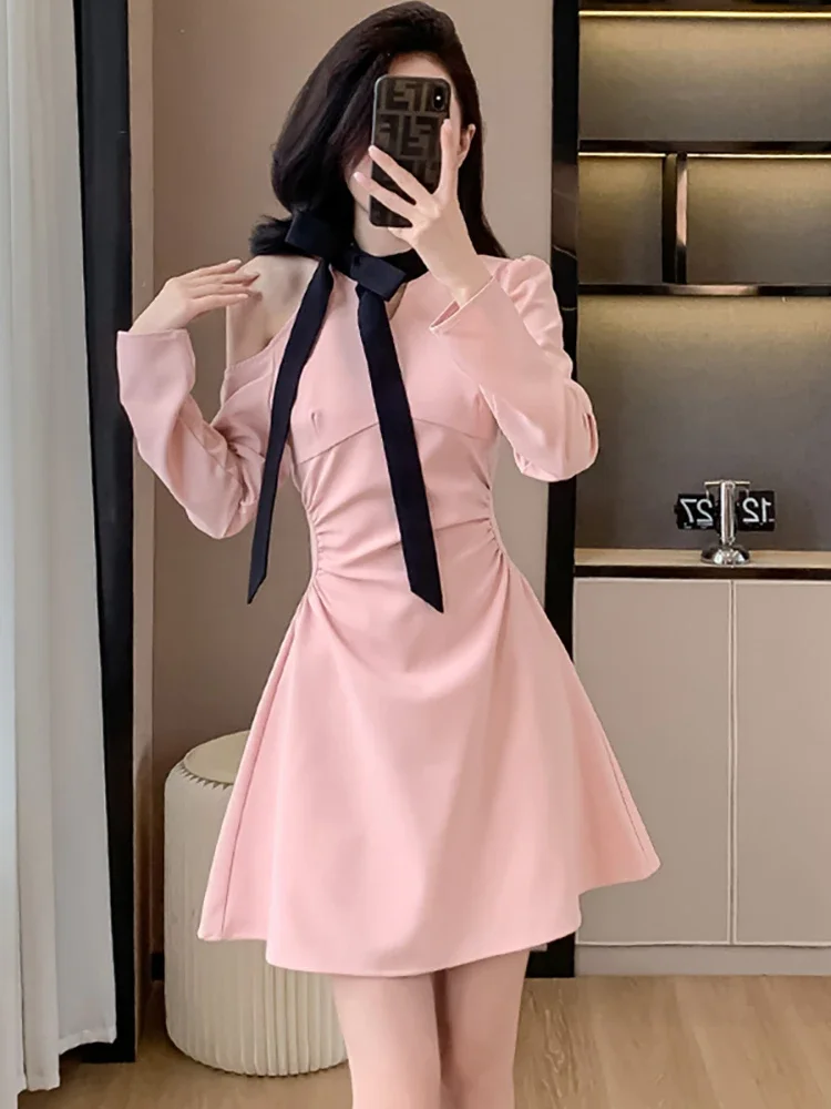 Spring Autumn Pink Pleated Bodycon Off Shoulder Dress Women Elegant Chic Bow Collar Prom Dress 2024 Korean Fashion Holiday Dress