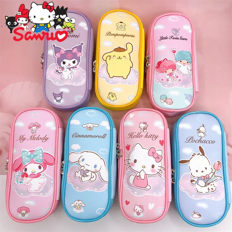 

MINISO Melody Kuromi Hello Kitty Cinnamoroll Pochacco Double Zipper PU Stationery Box Pencil Bag Cloud for Elementary Students