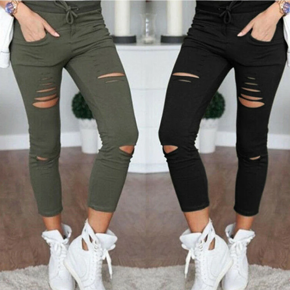 2024 Cargo Pants Women Fashion Slim High Waisted Stretchy Skinny Broken Hole Pencil Pants Solid Color Streetwear Trousers Womens