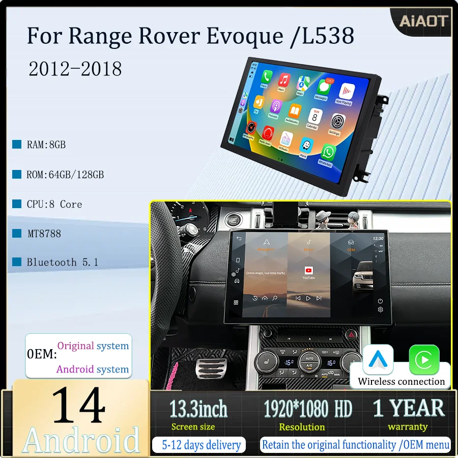 

13.3" Android14 For 2012-2018 Range Rover Evoque L538 Multimedia Player Car GPS Radio Wireless Carplay Auto Original OEM Menu