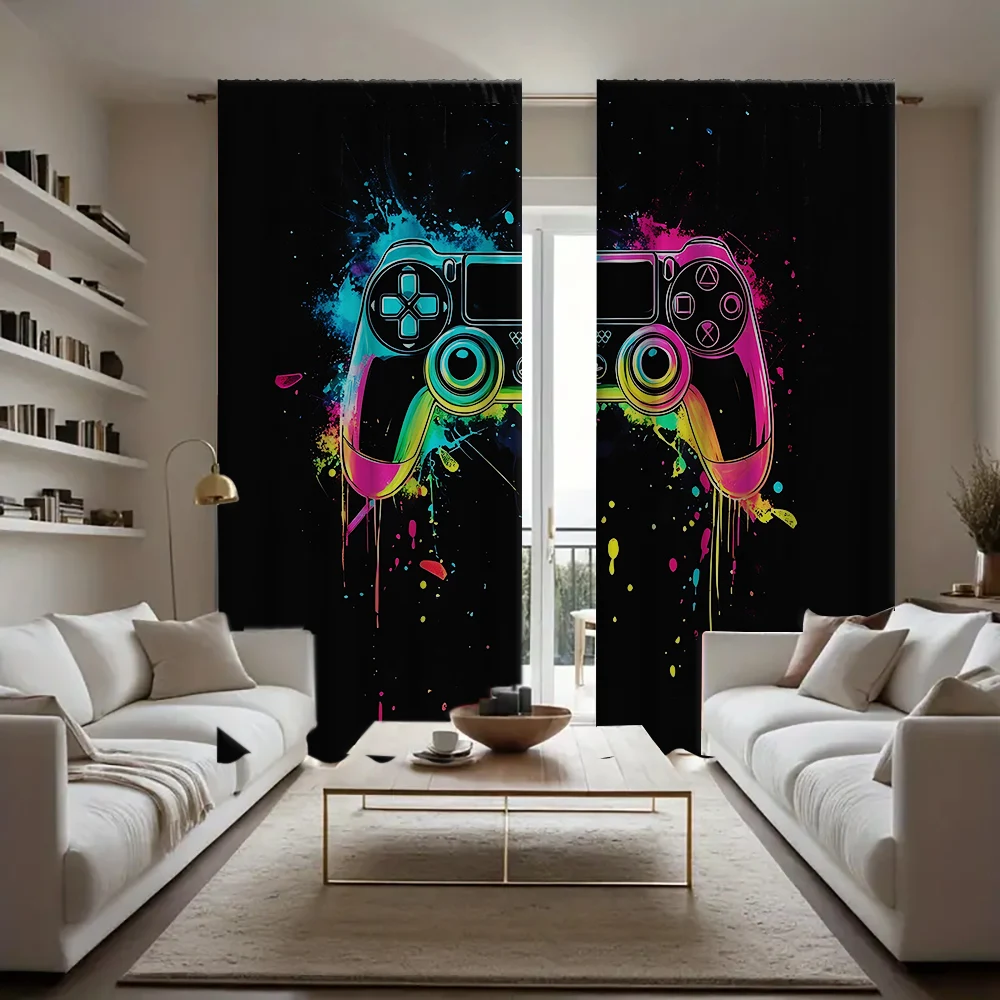 2PC Home GamePad Range Curtains With Landscape Background And Pole Pocket Curtains, Kitchen, Coffee Shop, Living Room