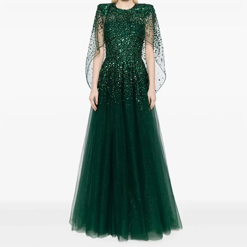 

Vintage Green Sequin Beading O-Neck Evening Dress 2024 Cape Sleeves Floor-Length Wedding Party Bridal Wedding Party Prom Gowns