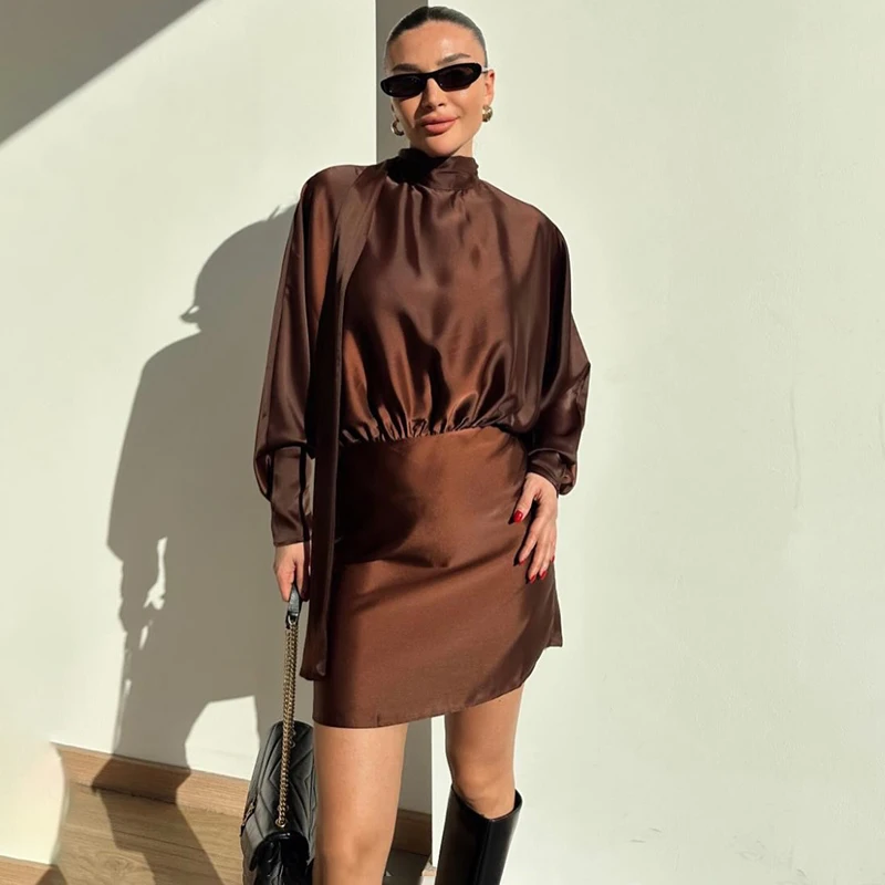 Typhaland Elegant Commute Satin Mini Dress Women's Fashion Sexy High Waist Crew Neck Long Sleeves Evening Party Dress Female