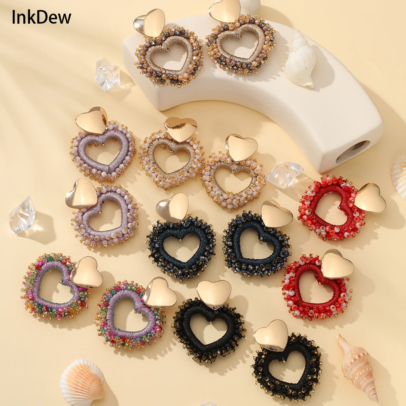 INKDEW pendientes colgantes con forma de corazón, pendientes de cuentas de cristal hechos a mano para mujer, joyería, pendientes largos grandes, joyería, oreja de Metal EA089