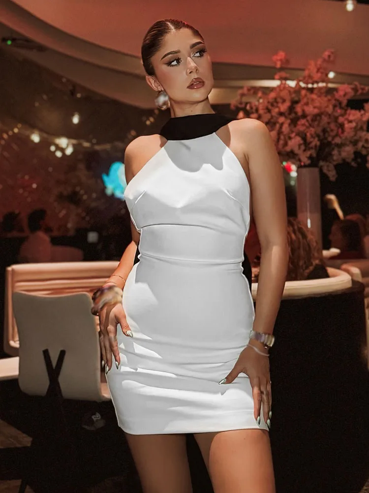 

TRAFZA Female Summer Fashion Mini Dress White Half-High Collar Sleeveless Backless Zipper Women Holiday Style Sexy Dresses