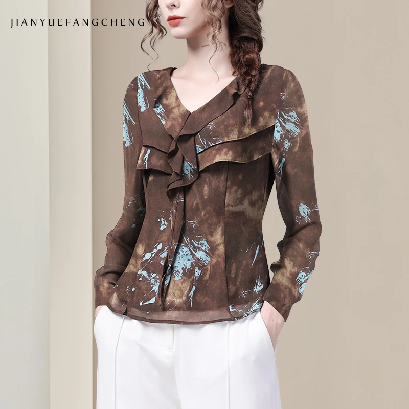 

Fashion Coffee Color Printed Women Long Sleeve V-Neck Blouse Lightweight Breathable Ruffles Chiffon Top Pullovers