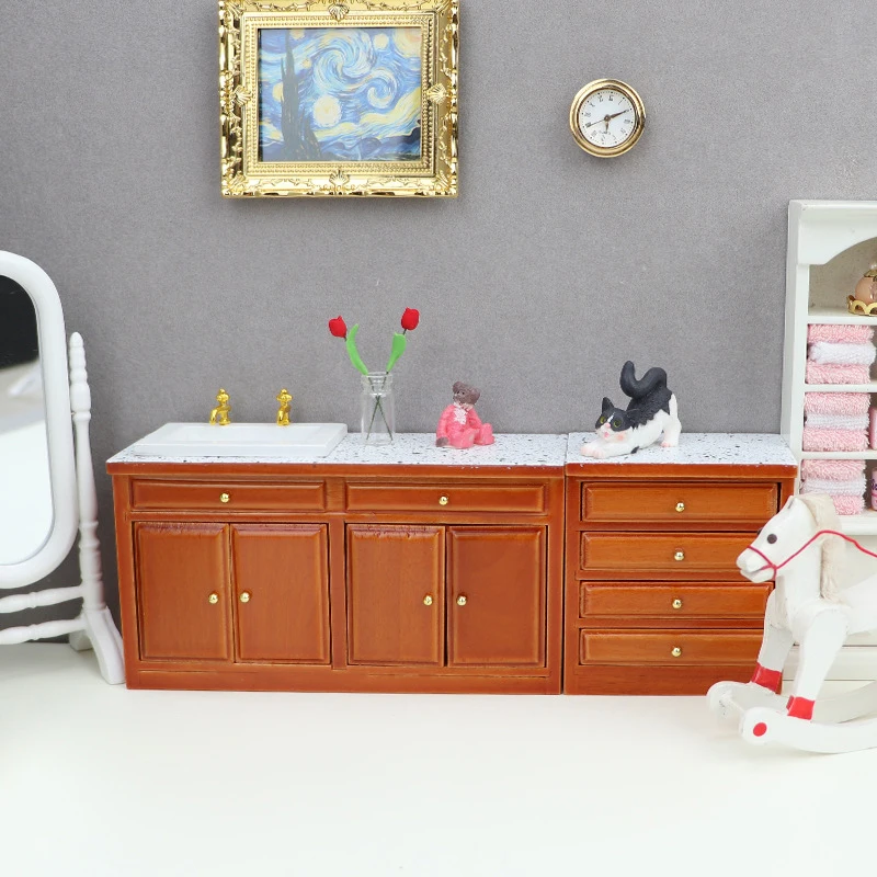 1:12 Dollhouse Miniature Cupboard Sink Chest Of Drawer Bookshelf Wardrobe Model Storage Cabinet Furniture Doll House Accessories