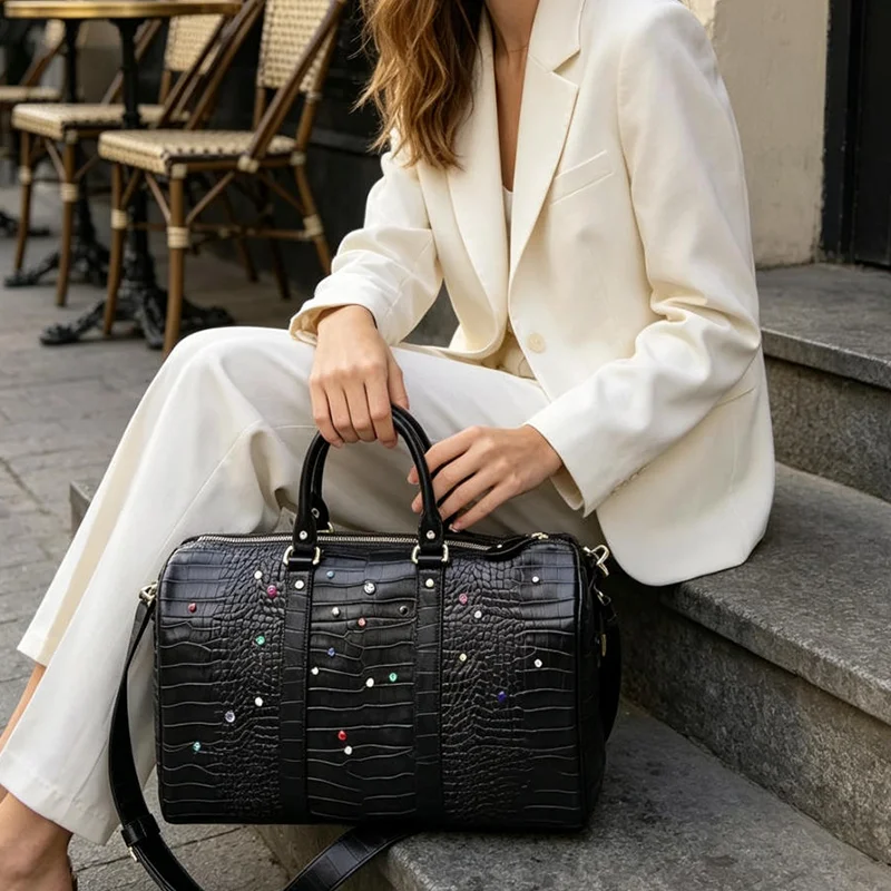 Luxury Solid Color Crocodile Pattern Tote Bag European American Fashion Handbag Large Capacity Women's Commuting Crossbody Bag