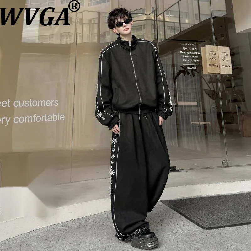 WVGA 2026 Весна-осень Новая мужская куртка с длинным рукавом на молнии с бусинами, модная, нишевая, шикарная, повседневная, с широкими брюками, комплект из двух предметов W27080
