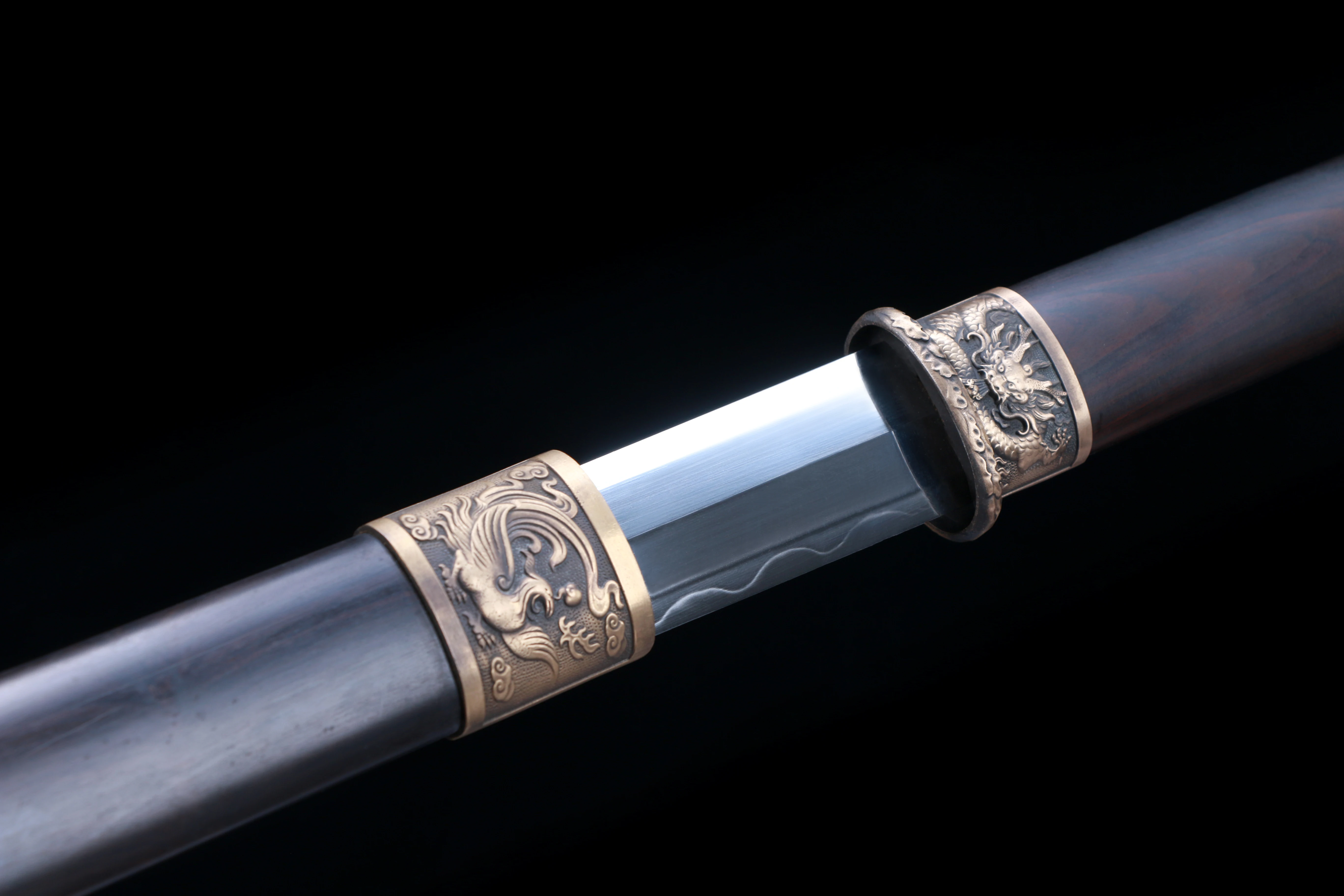 Chinese Dragon and Phoenix samurai Sword, Ebony scabbard, t10 steel forged Harmon Sharp blade, medieval katana Knight ninja full