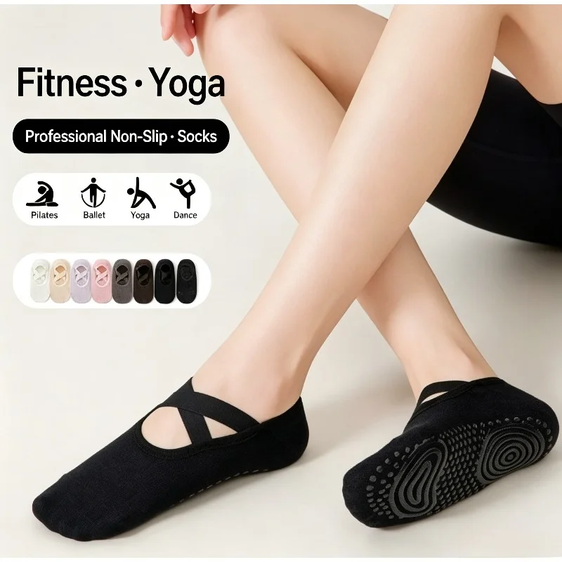 1Pair Women Non‑Slip Grip Socks Pilates Yoga Ballet Dance Soft Cotton Anti‑Slip Silicone Cross Strap Slipper Socks for Gym