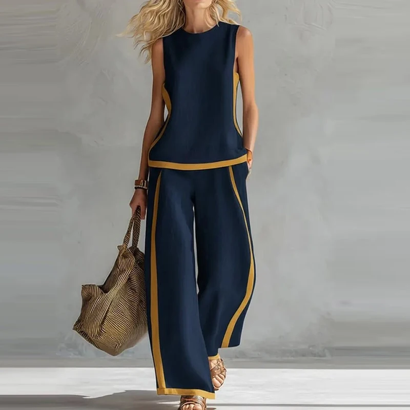 

Women Elegant Contrasting Colors Loose Outfits Fashion O-neck Pullover & Long Pant 2Pc Sets Casual Sleeveless Pocket Summer Suit