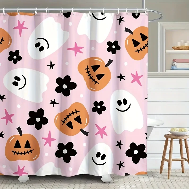 1pc Halloween Pumpkin Floral Horror Ghost Print Shower Curtain, Bathroom Decoration, Includes 12 Hooks, Machine Washable, Polyes