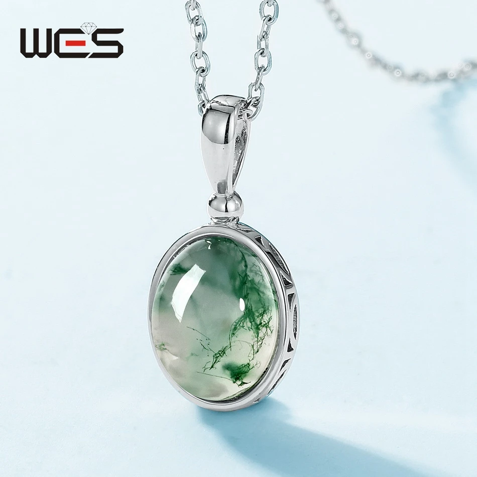 WES 925 Sterling Silver Pendant Necklace for Woman Round Natural Moss Agate 8*10mm Fashion Jewelry Wedding Party Gifts Gemstone