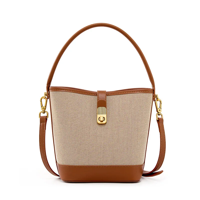 Retro Weaving Female Messenger Bucket Handbag Canvas Leather Splicing Top Handle Crossbody Daily Shoulder Purse