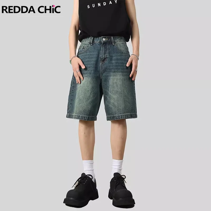 REDDACHiC Retro Blue Brushed Baggy Jorts Men Whiskers Plain Wide Leg Casual Cropped Jeans Knee-long Denim Shorts Summer Clothes