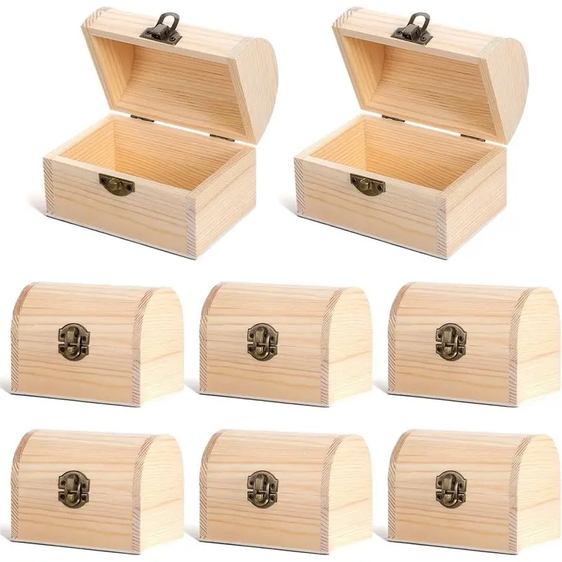 ABDJ-8 Pieces Unfinished Wood Treasure Chest Decorative Pine Wood Box With Hinged Lid And Locking For Art Hobbies