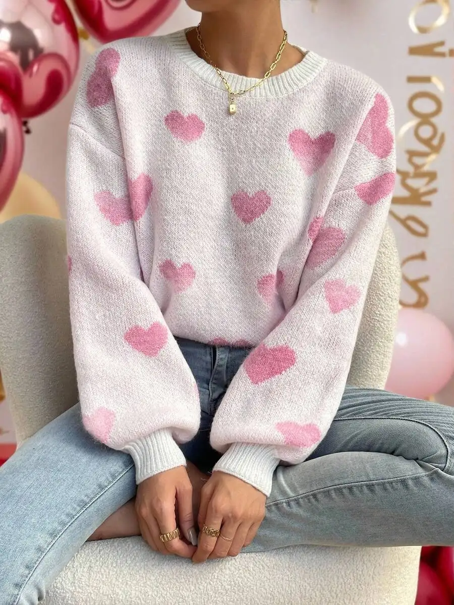 

Pink Heart Print Oversized Drop Shoulder Knit Sweater for Women