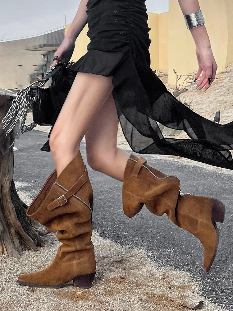 

High Cut Western Cowboy Boots for Women 5 Cm Thick Heels Stacked Boots Suede Leather Retro Pointed Knight Boots