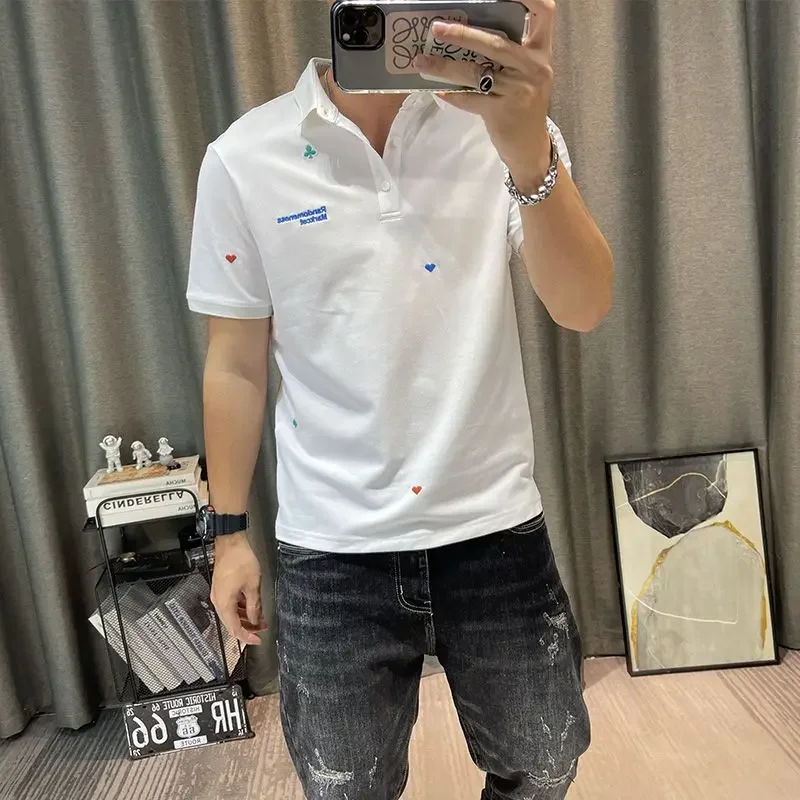 Clothes Rock with Collar Male Tee Shirts Alphabet Top Slim Fit Polo Men's T-shirt Short Quarter Sleeve Streetwear Xl Cool Chic