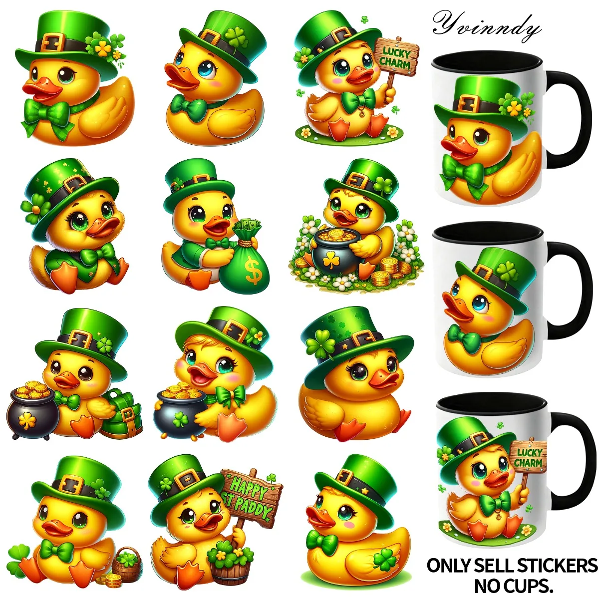 

Набор из 12 шт. УФ DTF самоклеящихся переводных наклеек для упаковки в стеклянные банки с изображением Желтой утки и Святого Патрика