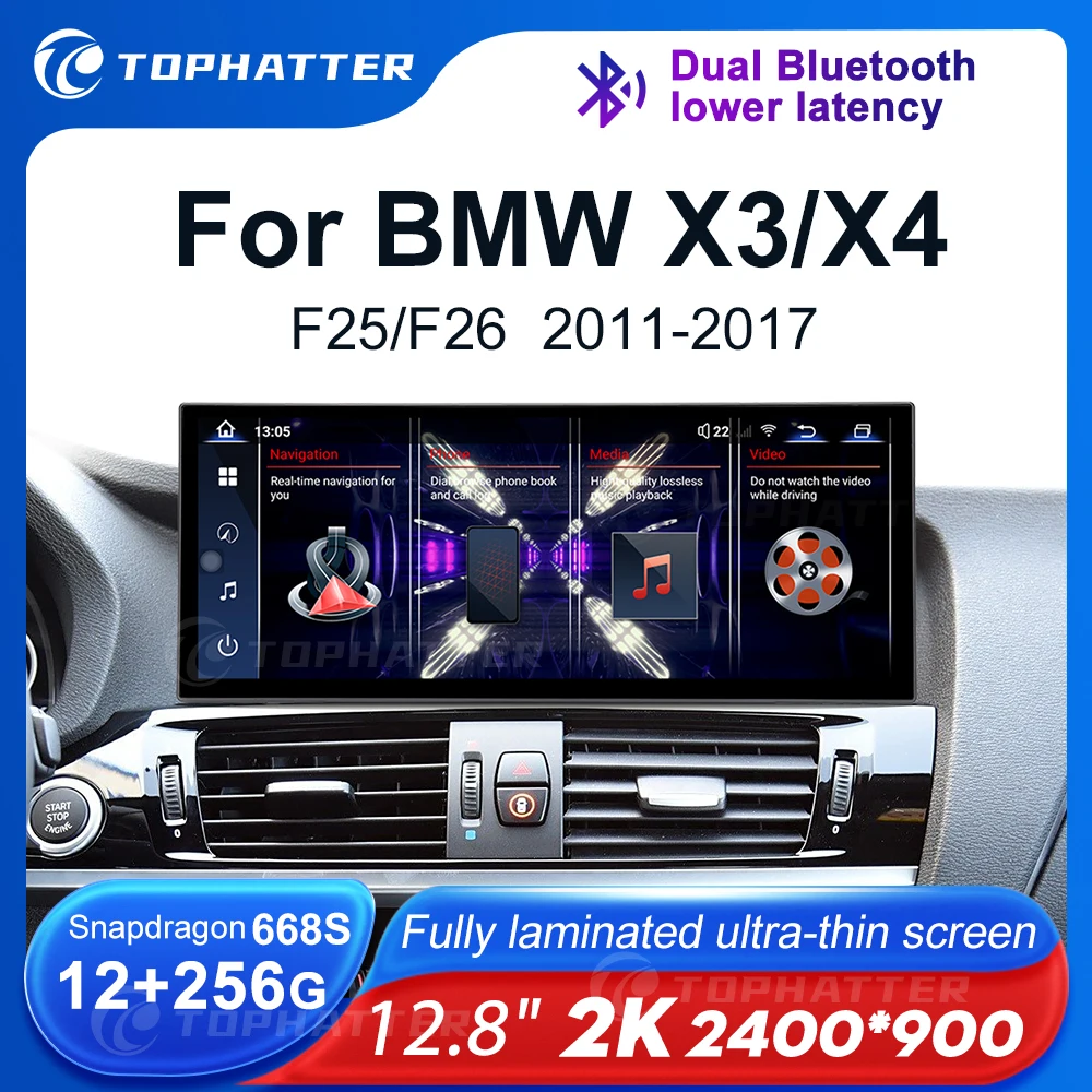 12.8 2K Car Radio For BMW X3 F25 X4 F26 Screen CarPlay Android Auto Multimedia Player Navi Display Head Unit 360 3D Cam audio HD