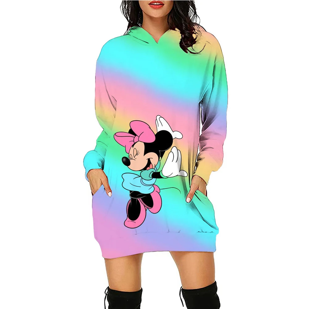 Autumn Winter Disney Mickey Mouse Mickey Print Hoodie Sweater Dress Casual Street Style Fashion Simple Ladies Sweater Dress