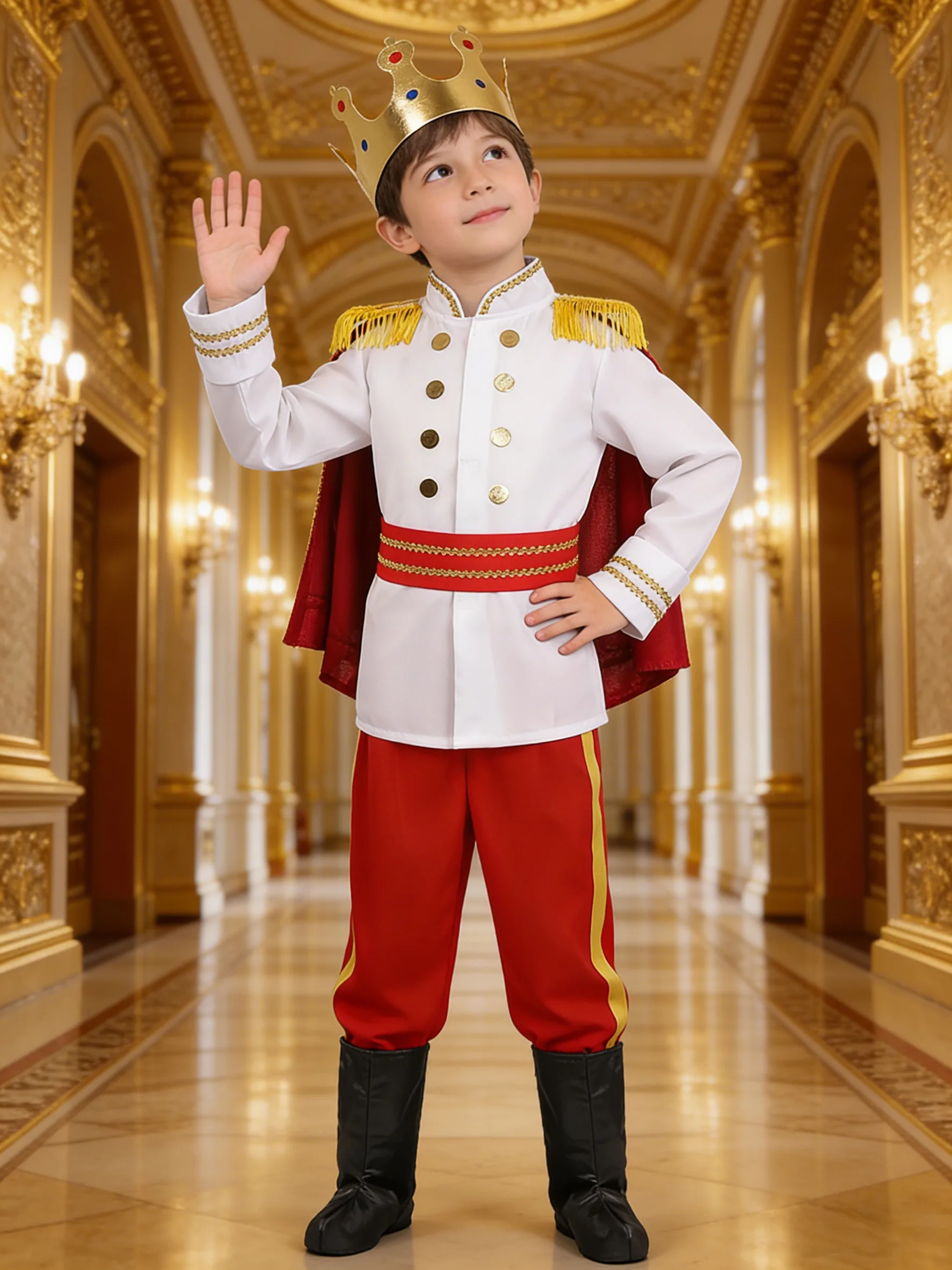 

A Prince Costume for Boys: One Top + One Pair of Pants + One Cape + One Waist Belt + One Pair of Boots. the Double-Breasted Design, Tassel Epaulettes, and Other Details Are Inspired by European Military Uniform Designs, and Are Mainly Used for Halloween, 