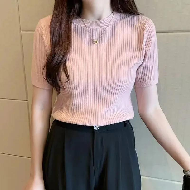 

Women Clothing Fashion Short Sleeve Knitted Sweater Women Pullovers Black O-Neck Knit Sweater Pullover Women Tops Sweaters Q3426