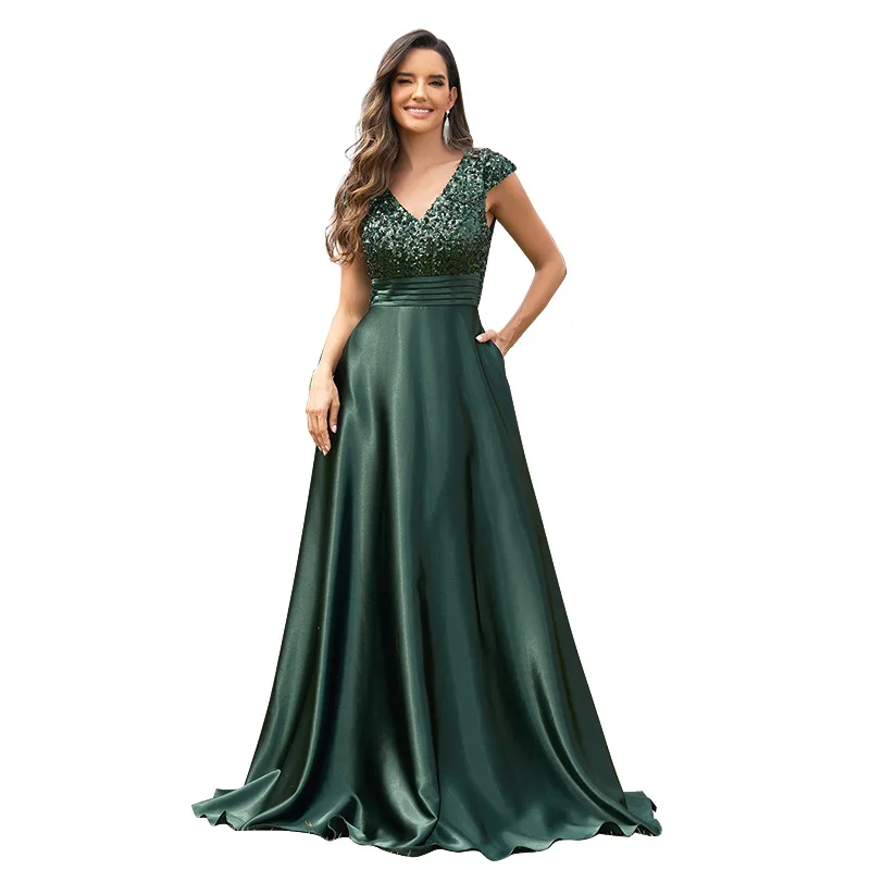 

Dark Green V Neck Cap Sleeve Sequin Satin Maxi Dress Pleated Waist Hidden Pockets A Line Wedding Guest Evening Gown