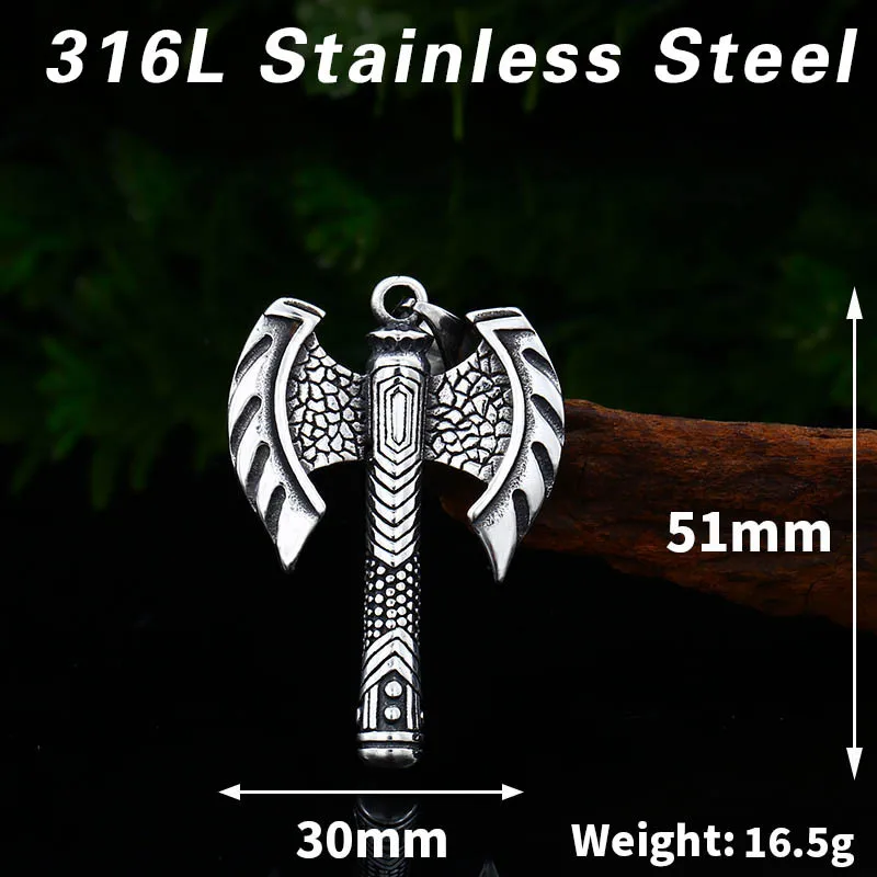 Men's Viking Battle Axe Necklace 316L Stainless Steel Double Edged Axe Pendant Nordic Rune Amulet Punk Jewelry Gift Non Tarnish