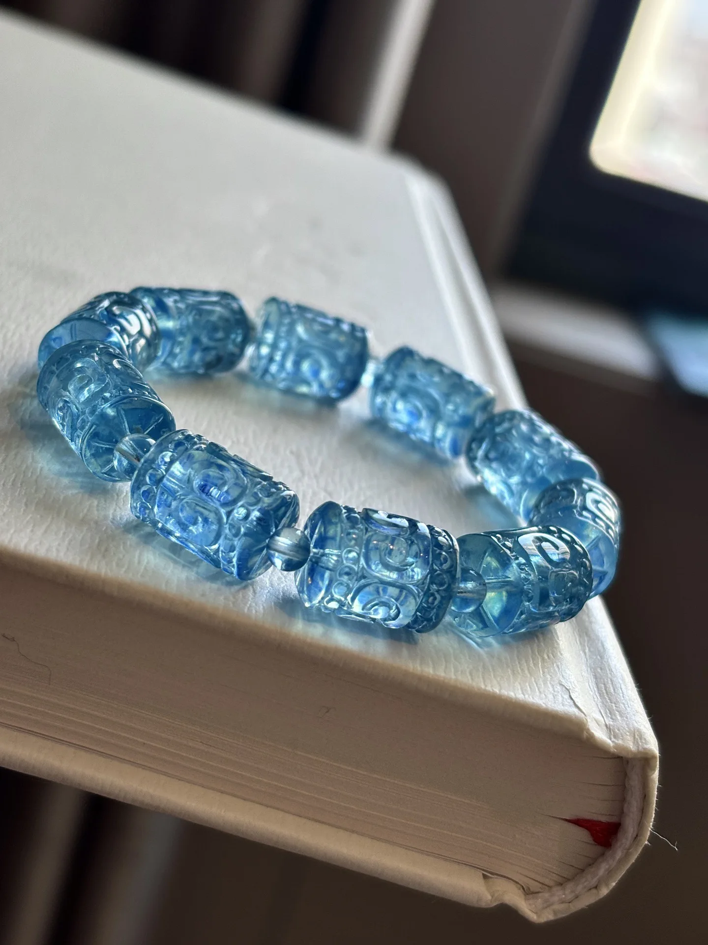 Natural Blue Aquamarine Clear Round Beads Bracelet Women Men Brazil 10.8x15mm Stretch Blue Aquamarine Jewelry AAAAA