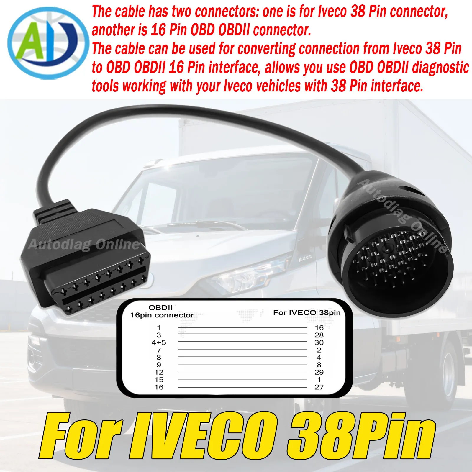 

For IVECO 38pin Truck OBD2 Adapter for FiCOM MaxiECU OBD2 Diagnostic Cable 38PIN to OBDII 16pin Heavy Duty Truck OBD2 Connector