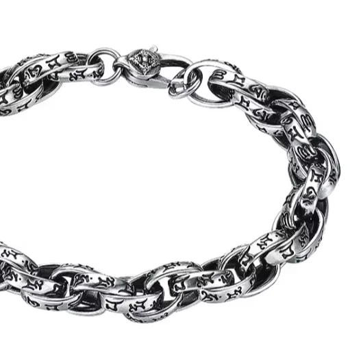

S925 Pure Silver Bracelet for Men Retro Vintage Thick Style with Six-Word Mantra Perfect As Gift