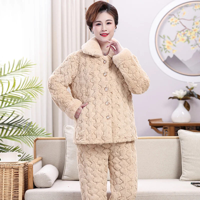 Winter Pajamas For Female Thick 3 Layers Quilted Sleepwear Suit 2 Pcs/set Pyjamas Homme Warm Casual Home Clothing Pijamas Mujer