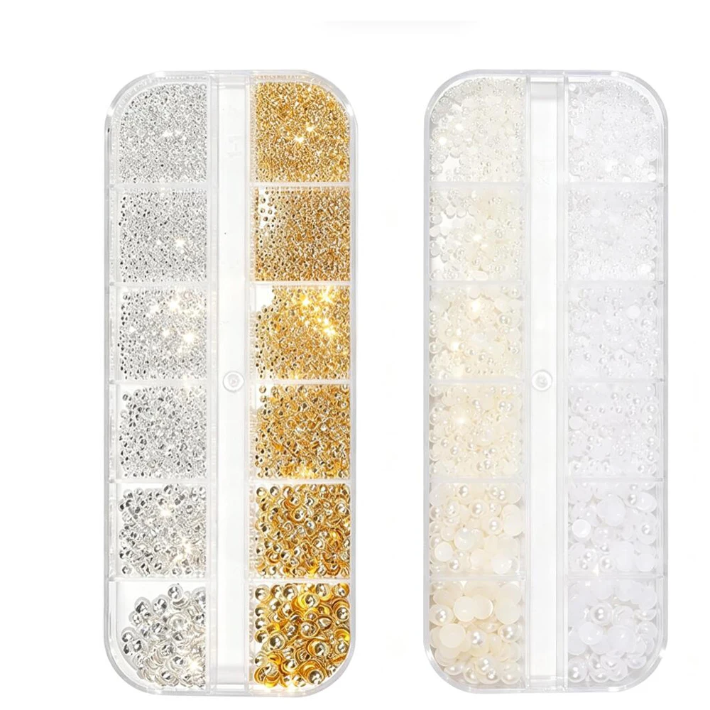 1Box Mixed Pearls Nail Art Charms Gold Silver White Beige Half Round Imitation Pearls Nail Gems DIY Manicure Festival Nail Decor
