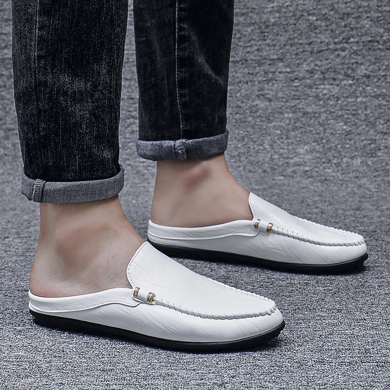 Summer White Half Shoes For Men Dress Shoes Mules Man Slides Leather Casual Shoes Backless Loafers Slippers Flats Sandals 2023