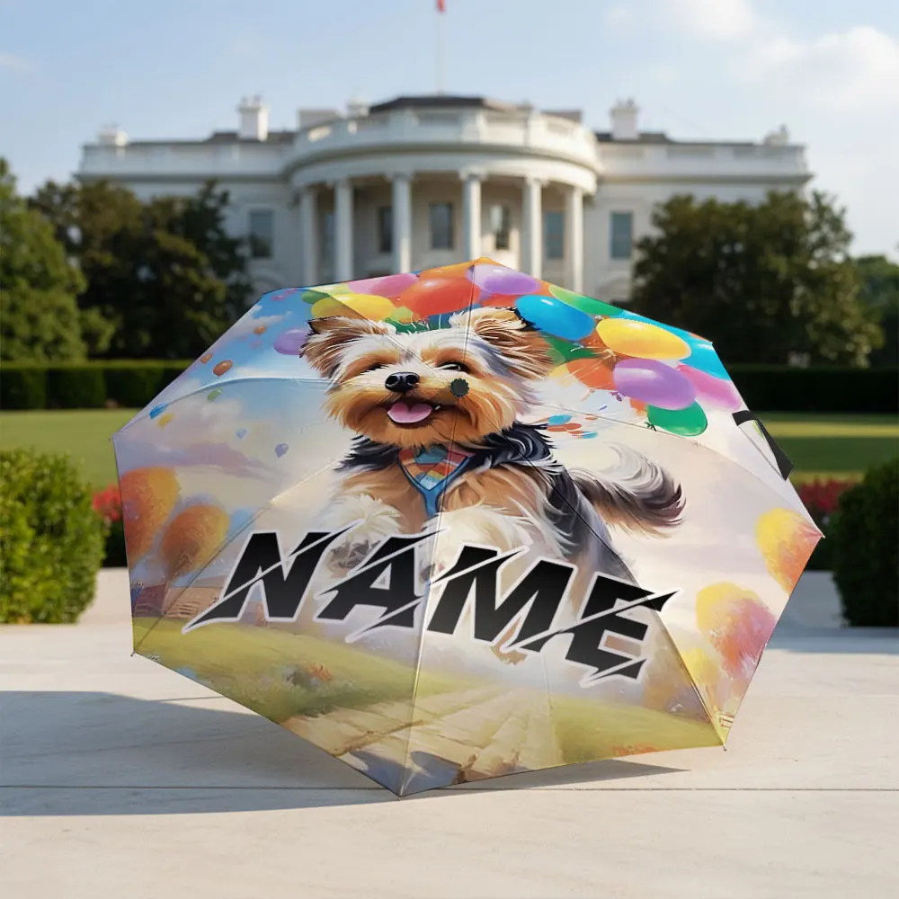 Custom Name umbrella, Playful Puppy with Colorful Balloons Design Fashion Folding Umbrella for Daily Use, Christmas Gift