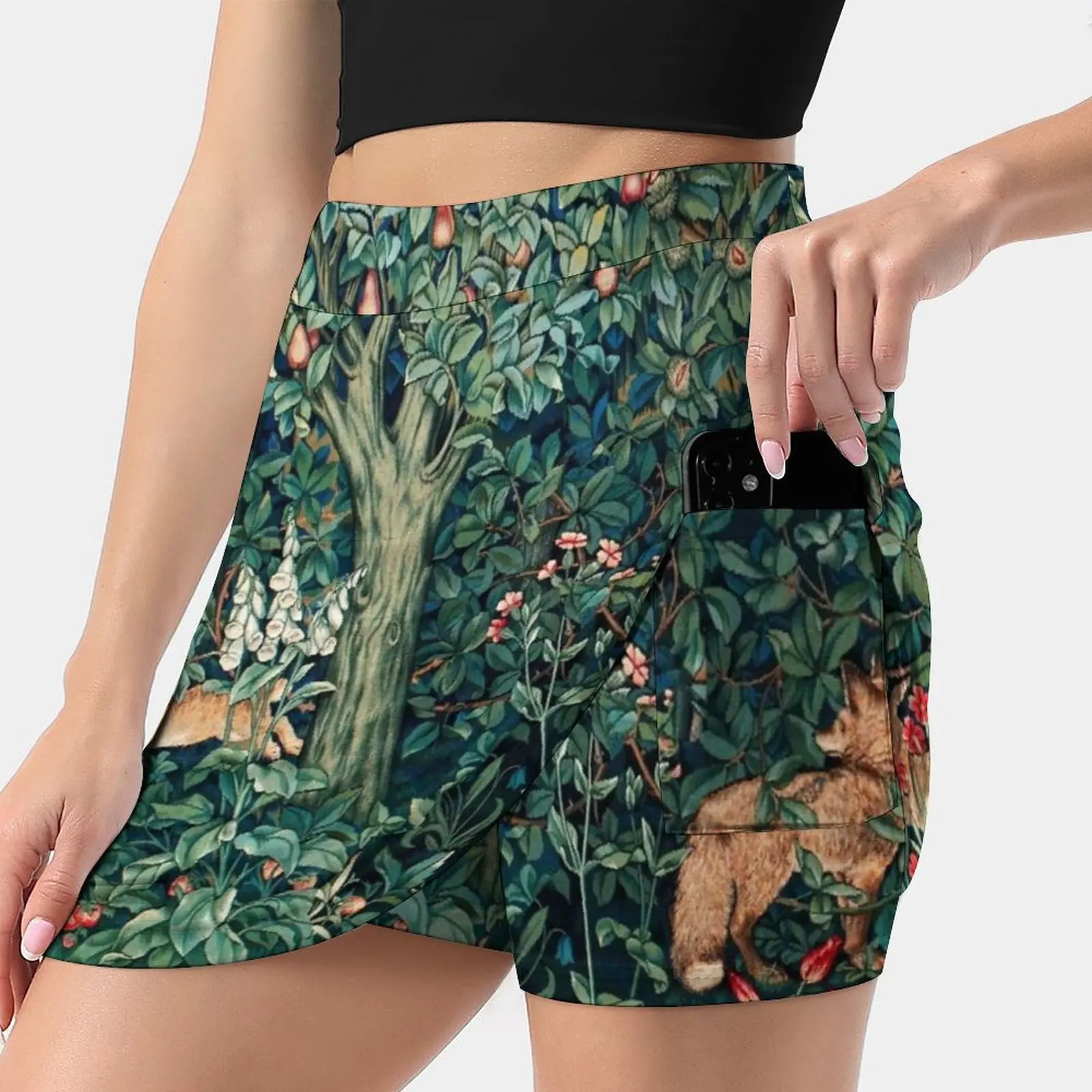 Greenery , Forest Animals Fox And Hares Blue Green Floral Skirts Woman Fashion 2022 Pant Skirt Mini Skirts Office Short Skirt