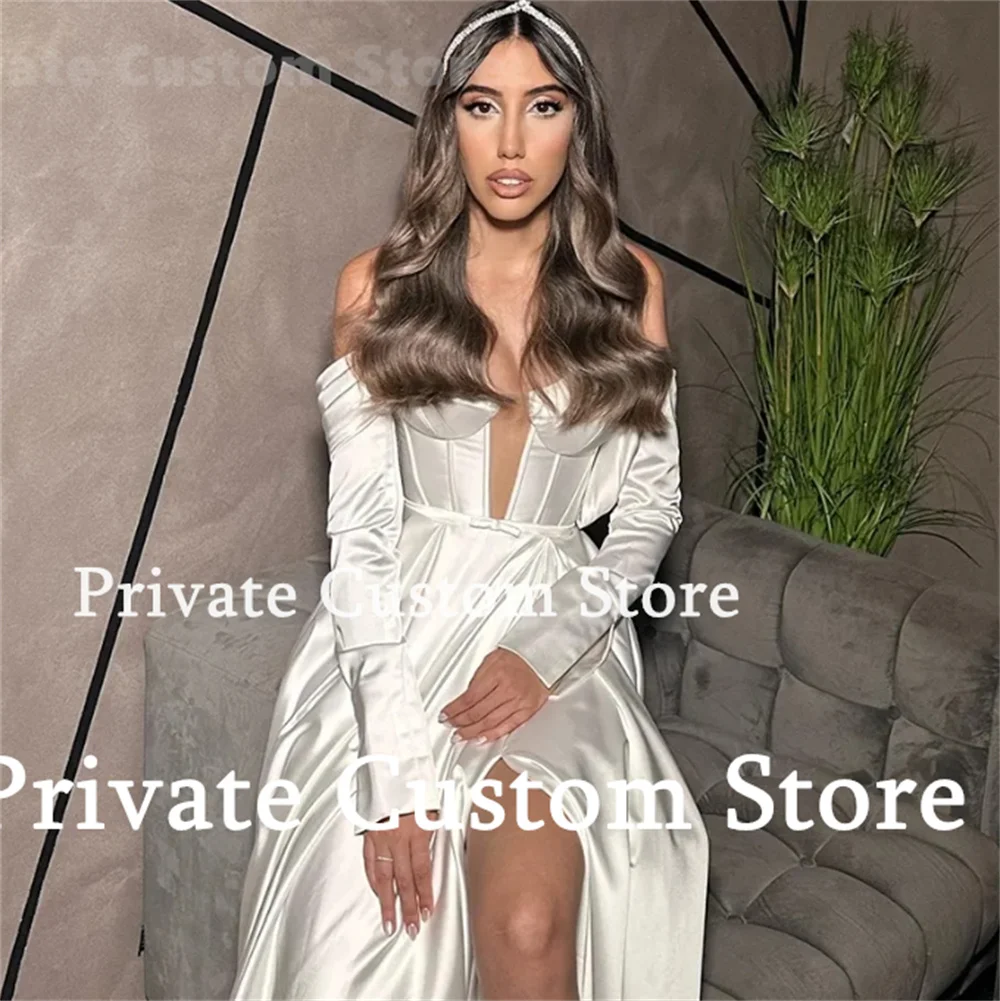 New White Satin Wedding Dresses Off-Shoulder Long Sleeves A-Line Prom Dress Floor-Length Wedding Party Dress Evening dress